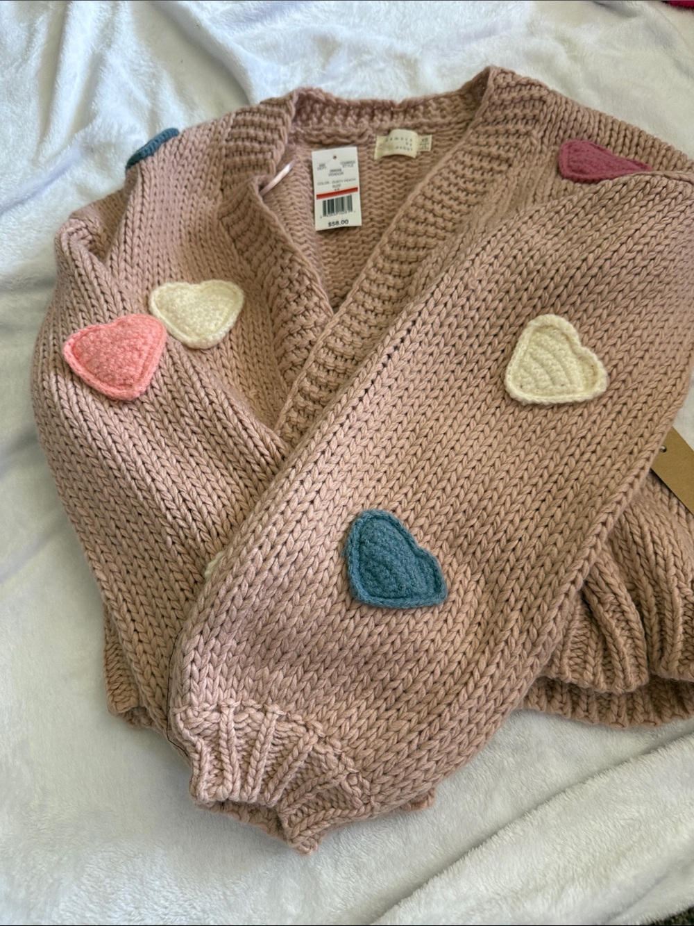 NWT Dreamers Blush Pink Chunky Knit Cardigan with Multicolor Heart Appliqués